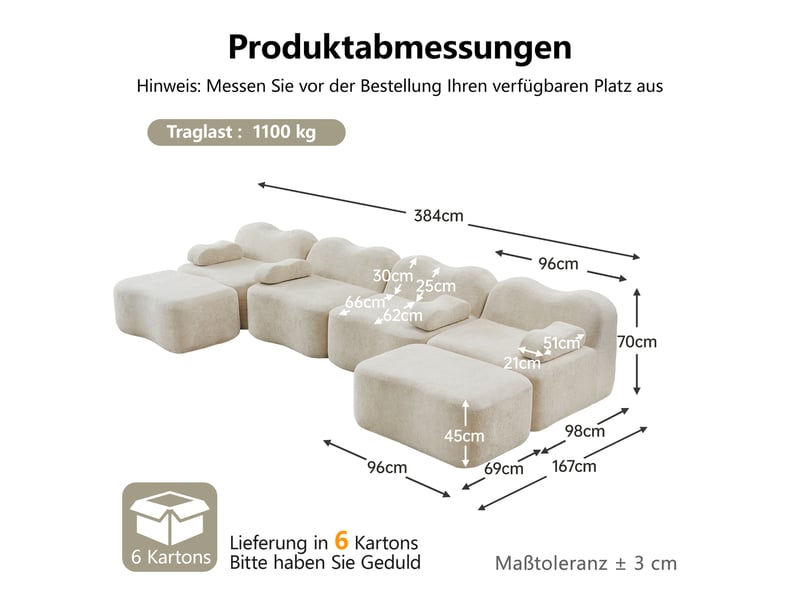  Canapé modulable 4 places en velours beige, canapé panoramique sans dossier avec 2 ottomans, structure flexible pour salon moderne  - Conforama C