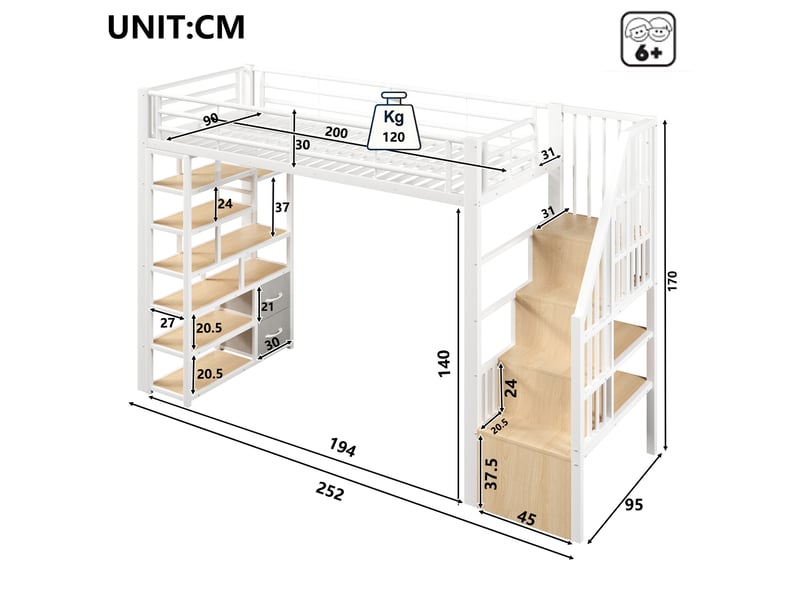  Lit surélevé 90 x 200 cm blanc, tiroirs en tissu, marches intégrées, garde-corps, led, rangement sous lit, sans matelas  - Conforama B