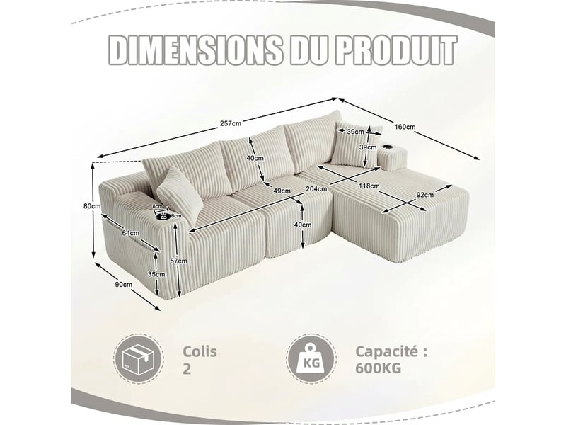  Canapé modulaire avec méridienne en velours côtelé 257x160x62 cm - 5 coussins et porte-gobelets  - Conforama C