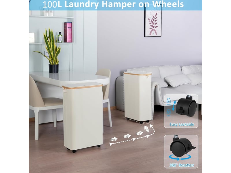  Panier à linge sur roulettes, panier à linge en forme de l avec couvercle, pliable, avec poignées en bambou et doublures amovibles pour chambre et sal  - Conforama B