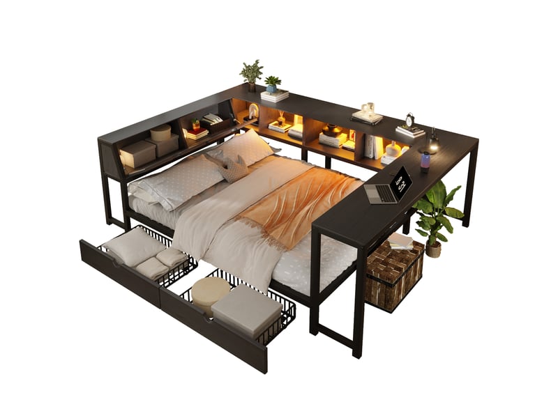  Lit double 140×200 cm avec bureau, 2 tiroirs et led  - sans matelas, mdf et métal - noir  - Conforama A