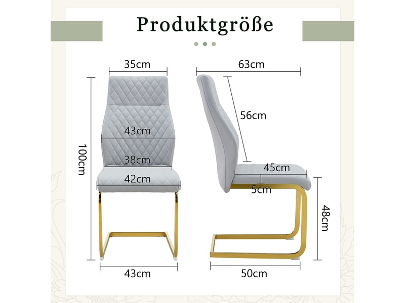  Lot de 2 chaises de salle à manger,43x63x100 cm,similicuir et métal doré,gris clair  - Conforama C