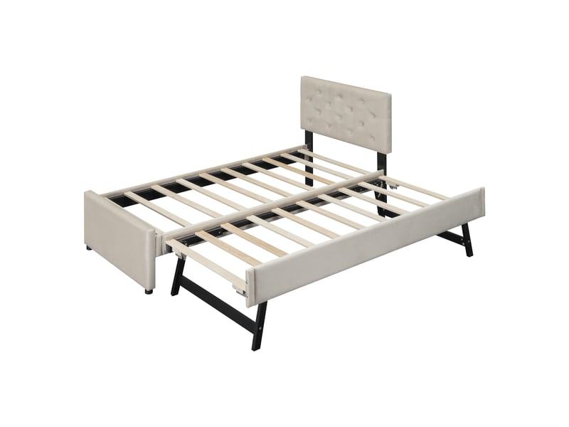 Lit rembourré beige 90x200 cm avec tiroir roulant, velours et sommier à lattes - Conforama E