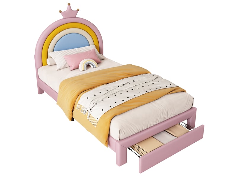  Lit enfant 90x200 cm avec tiroir au pied, lit rembourré avec tête arc-en-ciel couronne réglable sur 2 hauteurs, jusqu’à 150 kg, revêtement pu, rose OPULERANE TRADING LTD - Conforama A