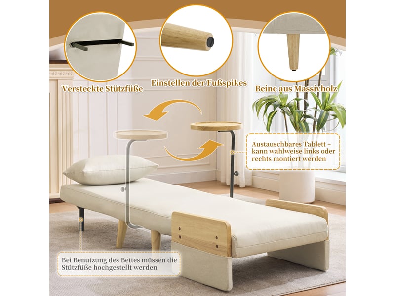 Fauteuil convertible lit beige, design moderne avec plateau rotatif, revêtement lin polyester, structure bois massif - Conforama D