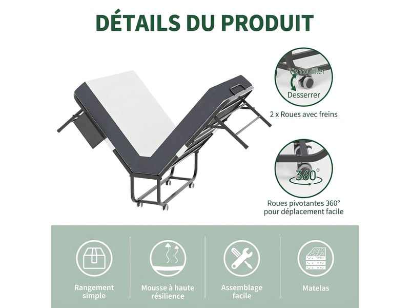 Lit pliant 190x78 cm avec matelas mémoire de forme 9,5 cm - lit d'appoint à roulettes en métal - Conforama D