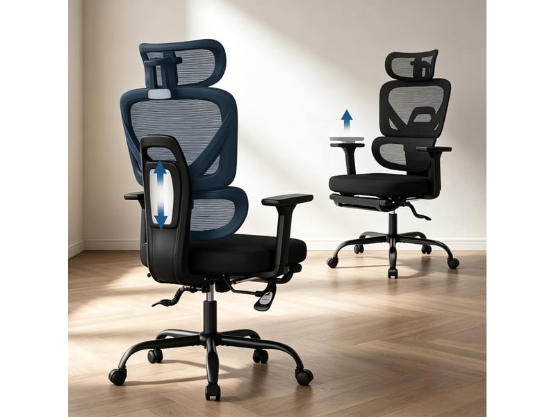  Chaise de bureau ergonomique pivotante avec repose-pieds, appui-tête et accoudoirs réglables en maille noire  - Conforama E