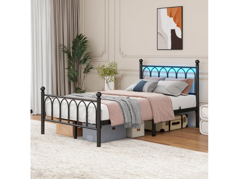  Lit adulte 120 × 200 cm 1 place avec led réglable, 2 ports usb et prise, sans matelas, en métal noir  - Conforama B