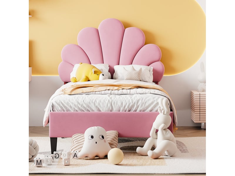  Modenvie lit enfant capitonné 90x200 cm - tête de lit fleur, sommier inclus, sans matelas - rose  - Conforama E