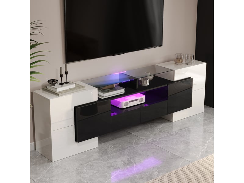  Meuble tv bas modenvie 200 x 35 x 60 cm avec led multicolore, 6 portes et 2 tiroirs, blanc et noir brillant  - Conforama E