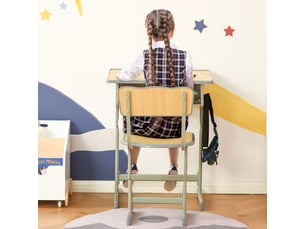 Bureau enfant vintage style pupitre d'écolier - ensemble bureau et chaise réglable - case de rangement, bracket, range-stylos - acier kaki mdf aspect bois clair