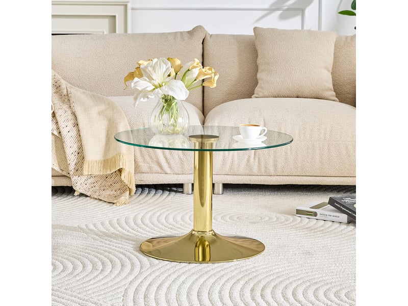  Table basse ronde en verre trempé 70 cm, pied central en métal doré, hauteur 45 cm  - Conforama D