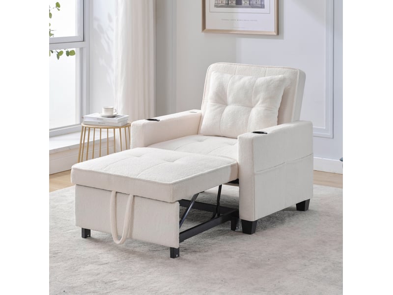  Fauteuil convertible 3-en-1 1 place en tissu bouclette blanc, usb et porte-gobelets, idéal petits espaces  - Conforama B