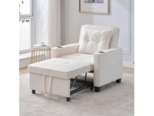 Fauteuil convertible 3-en-1 1 place en tissu bouclette blanc, usb et porte-gobelets, idéal petits espaces