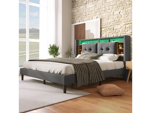 Lit 160x200 cm avec tête de lit rangement, led, usb et prises, sommier à lattes, gris