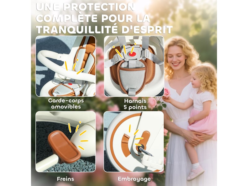 Tricycle bébé évolutif 5 en 1, tricycle enfant pliable avec poignée réglable, capote amovible, pour 1-3 ans, crème - Conforama E