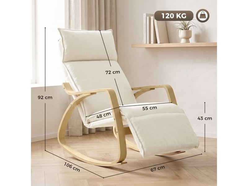  Fauteuil à bascule blanc crème avec repose-pieds réglable 5 positions et revêtement aspect lin  - Conforama C