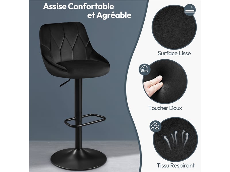  Lot de 4 chaises hautes pivotantes en velours avec hauteur réglable et base antidérapante 593510 Black(2pcs)*2 - Conforama E