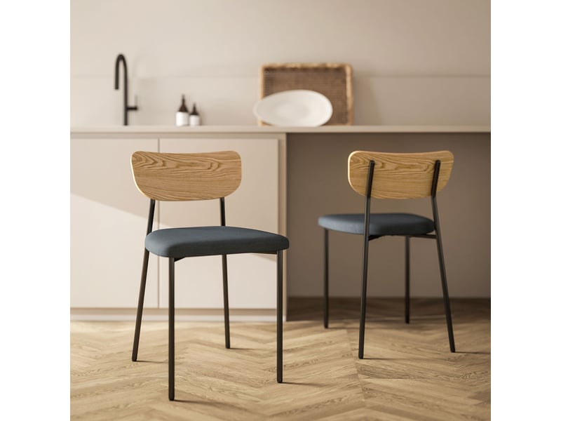  Lot de 2 chaises de salle à manger avec pieds en acier dossier incurvé et assise rembourrée gris et effet bois naturel  - Conforama B