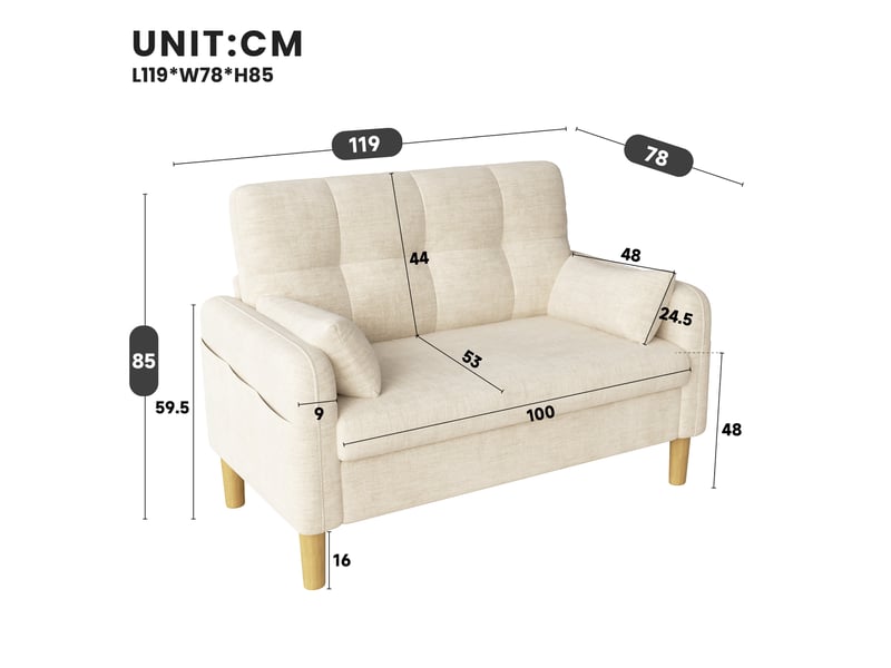 Canapé 2 places moderne avec gros coussins doux, 2 oreillers et poche latérale pour rangement, idéal pour le salon, la chambre ou les petits appartements, tissu chenille, beige - Conforama E