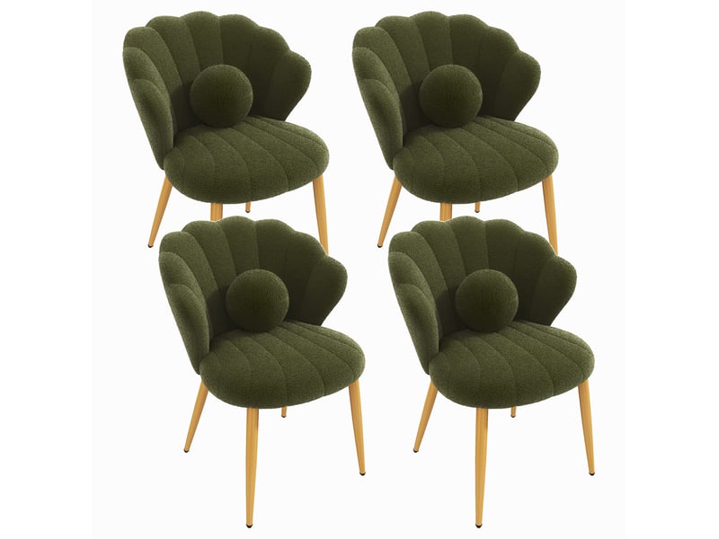  Lot de 4 chaises de salle à manger 60x62,5x83 cm, dossier coquille, coussins ronds, tissu teddy, métal doré, vert  - Conforama A