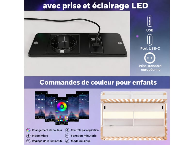  Lit superposé avec escalier de rangement, led, blanc et bois naturel, 2 x 90 x 200 cm  - Conforama E