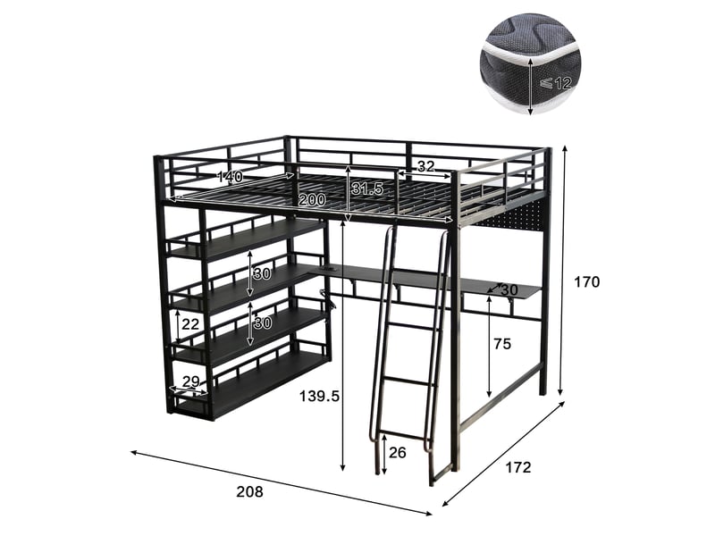  Lit mezzanine 140x200, lit surélevé gain de place avec bureau étagères de rangement port usb et crochets, métal et bois de pour ado adulte, noir  - Conforama E