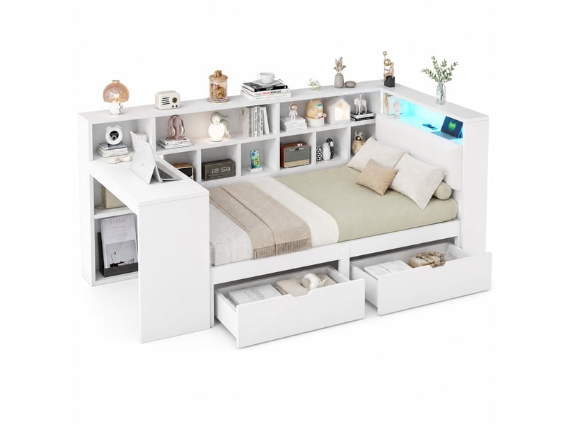  Lit 90x200 cm en l avec bureau, étagères, tiroirs et led blanc  - Conforama A