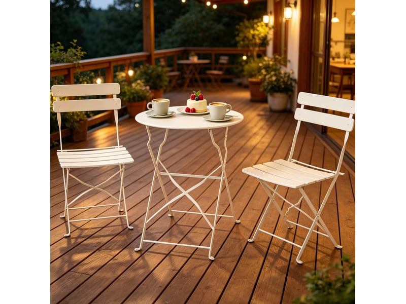  Salon de jardin pliant 3 pièces en métal beige, table ronde et 2 chaises  - Conforama D