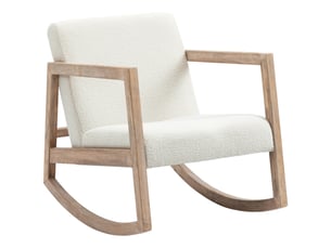 Fauteuil à bascule structure bois, rembourré, relaxant salon, assise rembourrée, bois hévéa, blanc crème, 60x81x71 cm.