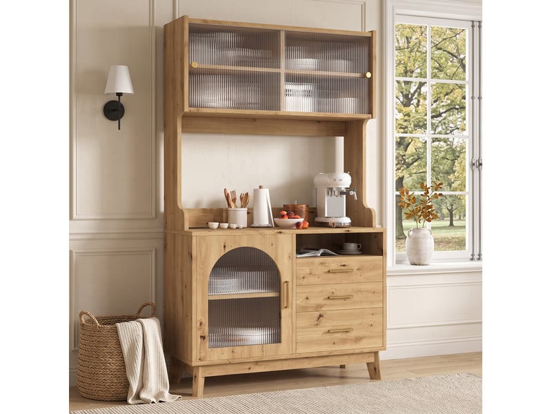  Buffet haut de cuisine avec 2 prises et ports usb-a et usb-c, portes en acrylique ondulé, bois, 100,5 × 40 × 178 cm  - Conforama C