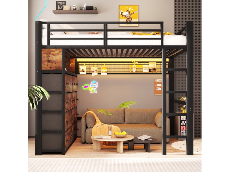  Lit mezzanine enfant 140x200 cm avec led, 8 tiroirs, rangements ouverts, gain d'espace, mdf, métal, noir, sans matelas  - Conforama D