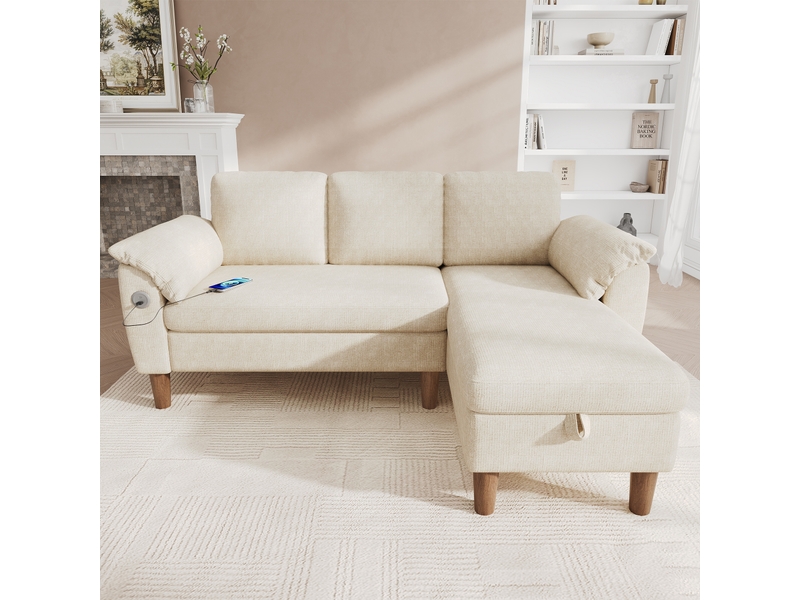  Canapé d'angle 3 places en l canapé modulable en chenille avec méridienne coffre réversible ports usb poches latérales, beige  - Conforama C