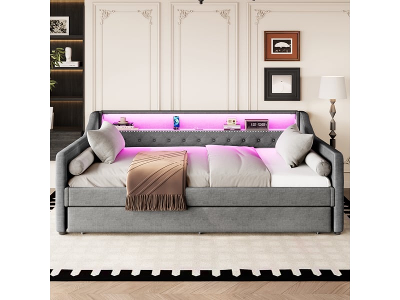  Lit banquette 90x200 avec lit gigogne, canapé lit en lin gris avec éclairage led et port usb  - Conforama B