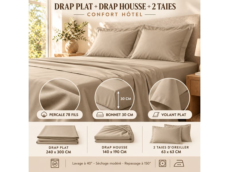  Ensemble literie 4 pièces drap plat 240 x 300 cm + drap housse 140x190 cm + 2 taies 63x63 cm percale 78 fils  - Conforama E
