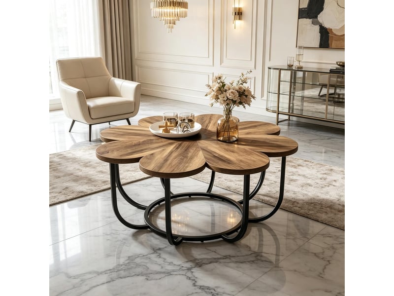  Table basse ronde,100x100x50 cm,motif floral,métal et bois,noir et marron  - Conforama D