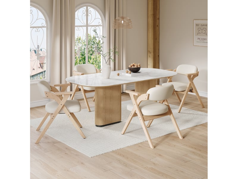 Lot de 6 chaises de salle à manger pliantes en bois et lin beige - Conforama C