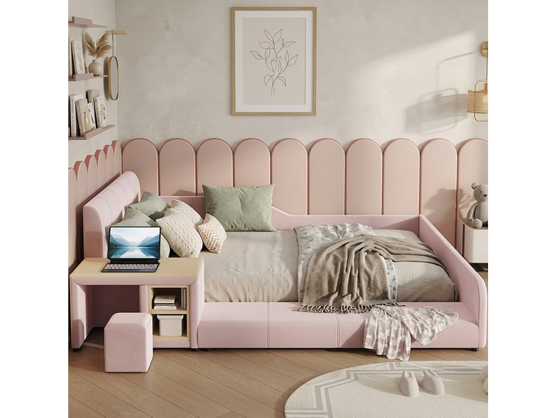  Lit rembourré modenvie 140 x 200 cm avec bureau et tabouret, tablette, tête de lit souple, velours rose  - Conforama E