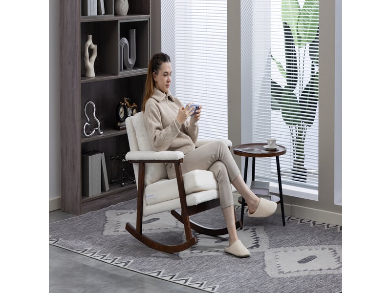  Fauteuil à bascule mid-century avec structure en bois, fauteuil de salon rembourré et coussin lombaire, 83x73x80 cm  - Conforama D