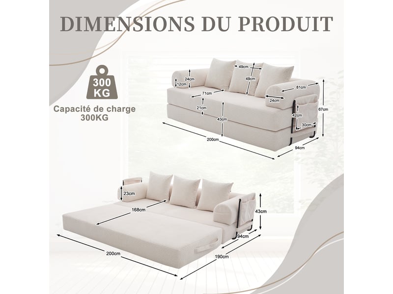 Canapé modulaire avec poche latérale et 3 coussins, structure métallique, velours côtelé beige, 200 × 94 × 67 cm - Conforama D