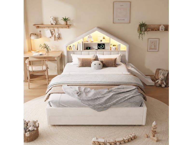  Lit cabane enfant 140x200 cm, glissière réversible, éclairage led, recharge, rangements, velours beige sans matelas  - Conforama D