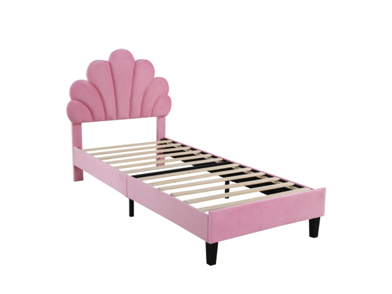  Lit enfant 90x200 cm, lit simple avec tête de lit en forme de fleur et sommiers à lattes, tissu en velours rose, sans matelas  - Conforama E