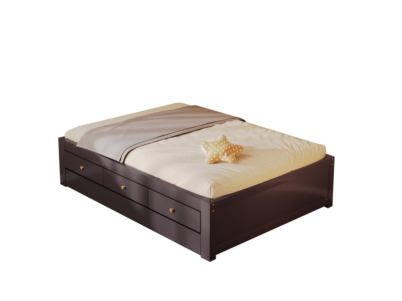  Lit gigogne enfant 90x200 cm marron café mdf et pin, 3 tiroirs, couchage inférieur 90x190 cm intégré  - Conforama A
