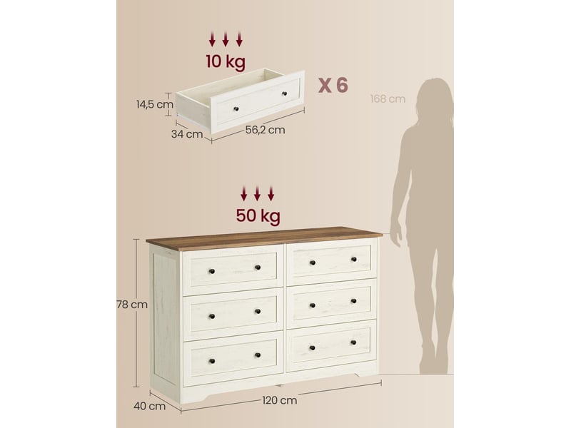  Commode de chambre polyvalente 40 x 120 x 78 cm 5 tiroirs style cottage ambiance cosy en panneau d'aggloméré blanc 12_0013190  - Conforama A