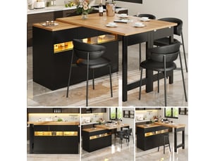 Table de bar extensible avec éclairage led et rotation à 360°,îlot de cuisine avec espace de rangement, 120-180x40x71,5cm, mdf, noir