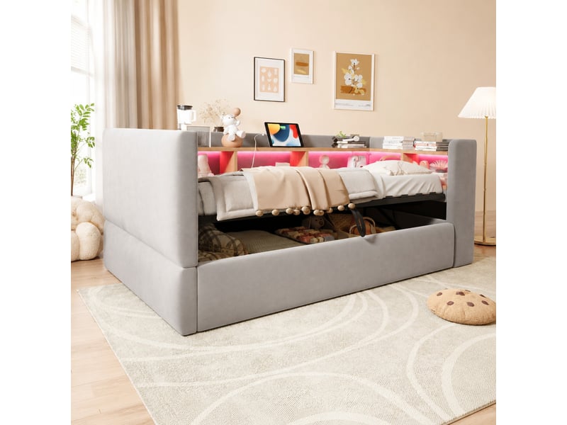  Lit coffre enfant, 90x190 cm, avec led intégrée, plusieurs espaces de rangement, clair, tissu et velours, coloris gris  - Conforama B