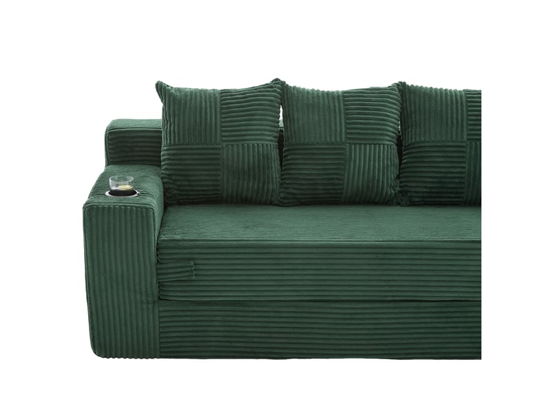 Canapé modulaire 2 places sans cadre avec porte-gobelets et poches latérales, assise en mousse, en velours côtelé vert émeraude - Conforama E