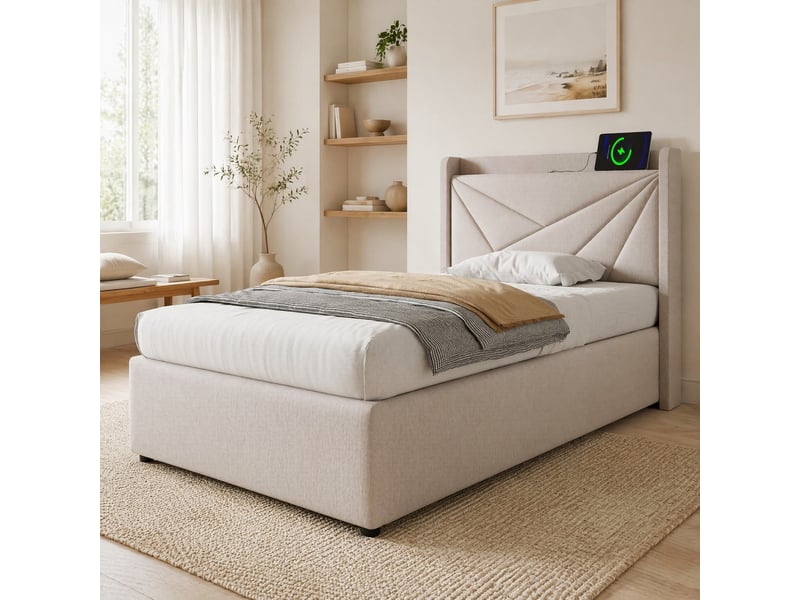  Lit coffre, lit simple 90x200 cm en coton et lin avec usb, type-c et tête rembourrée, sans matelas, beige  - Conforama C