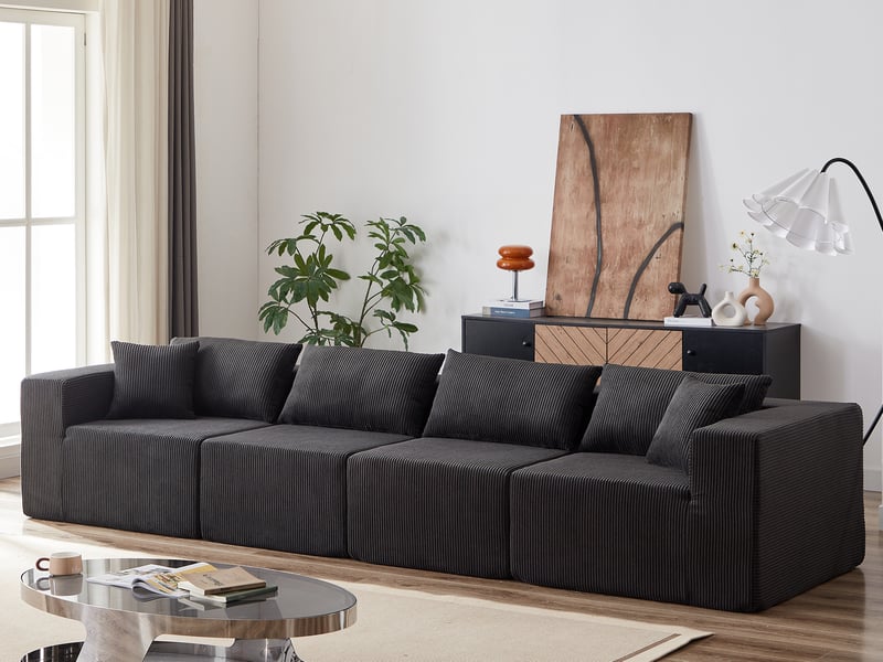  Canapé d’angle modulable 4 places en velours côtelé, assise basse sans montage, 264 × 167 × 71 cm, noir  - Conforama B