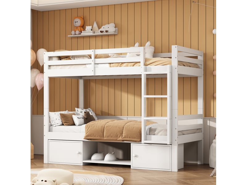  Lit superposé enfant 90x200 cm avec rangements, coloris blanc  - Conforama D